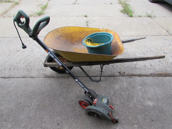 Edge Hog, Extension Cord, and Metal Wheelbarrow