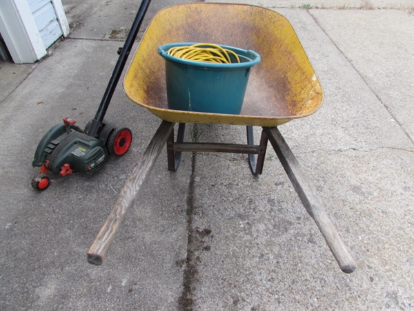 Edge Hog, Extension Cord, and Metal Wheelbarrow