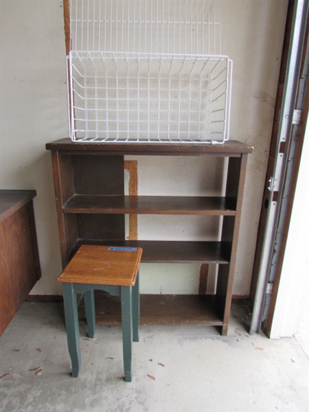 Wood Shelf, Small Table, and Wire Baskets