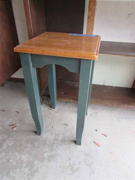 Wood Shelf, Small Table, and Wire Baskets