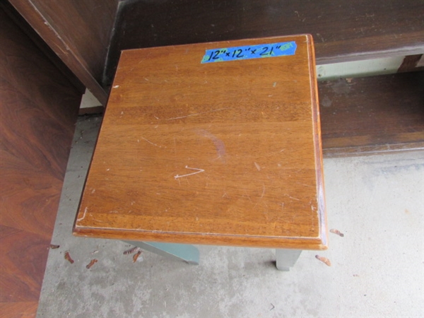 Wood Shelf, Small Table, and Wire Baskets