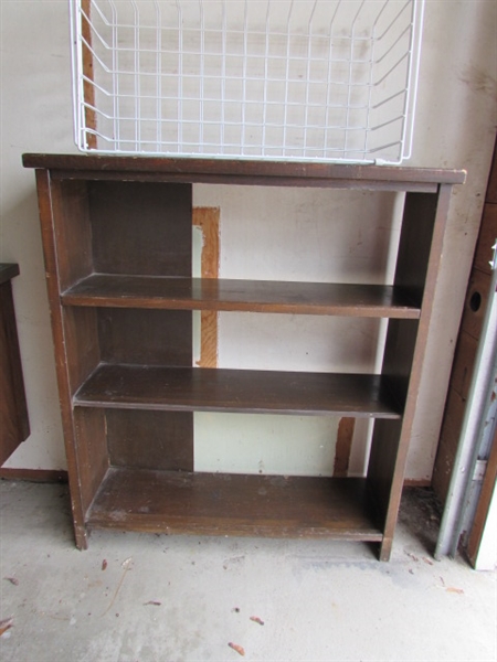 Wood Shelf, Small Table, and Wire Baskets