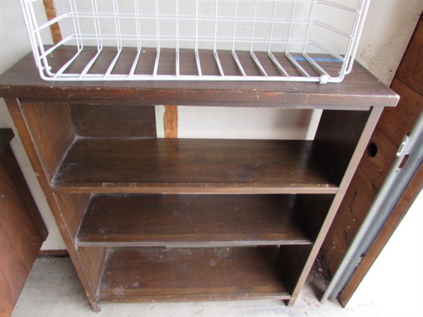 Wood Shelf, Small Table, and Wire Baskets