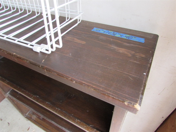 Wood Shelf, Small Table, and Wire Baskets