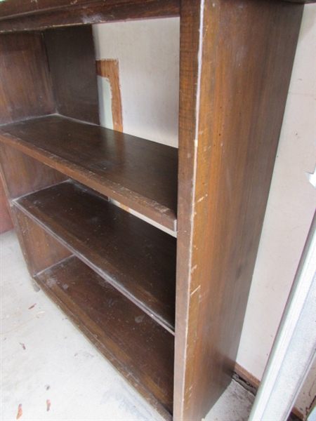 Wood Shelf, Small Table, and Wire Baskets