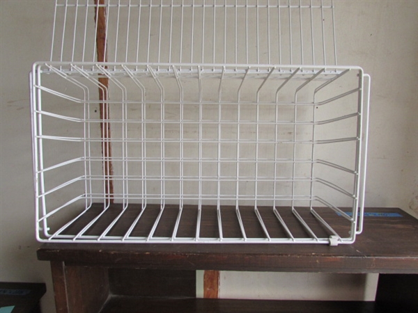 Wood Shelf, Small Table, and Wire Baskets