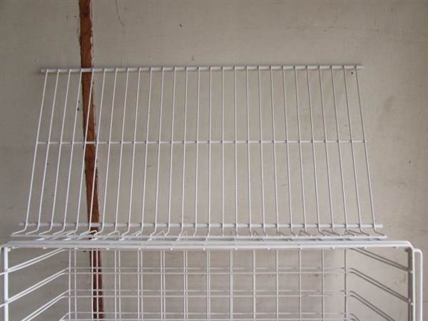 Wood Shelf, Small Table, and Wire Baskets