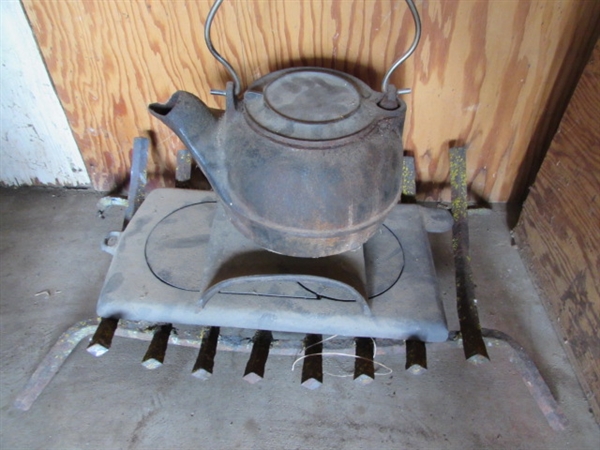 Cast Iron Kettle & Stove Top Parts, & Fireplace Wood Holder