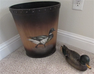 Handpainted Garbage Can & Handcarved Duck