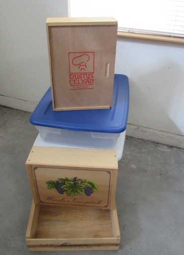 Wood Crates and 2 Storage Totes