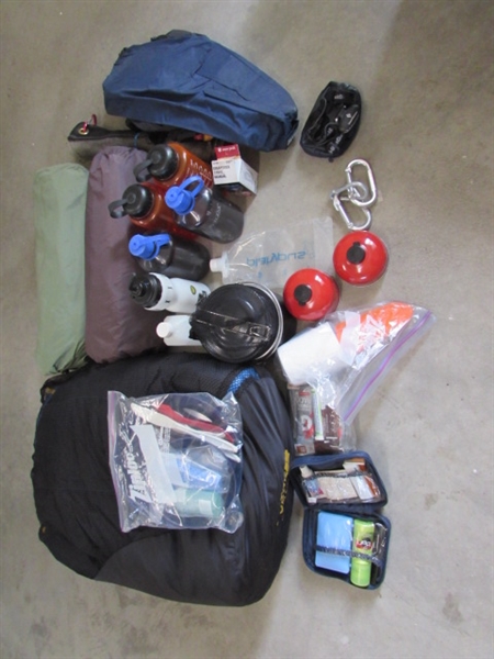 Hiking/Travel Gear. Bottles, soaps/cleaner, fuel, pots, sleeping bag, etc