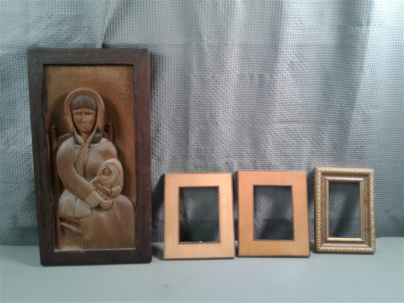 Vintage Pioneer Woman w/Baby Wood Carving & Frames