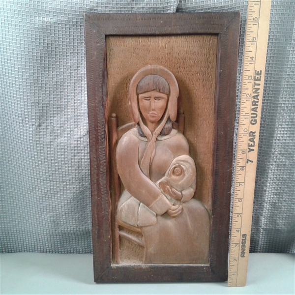 Vintage Pioneer Woman w/Baby Wood Carving & Frames