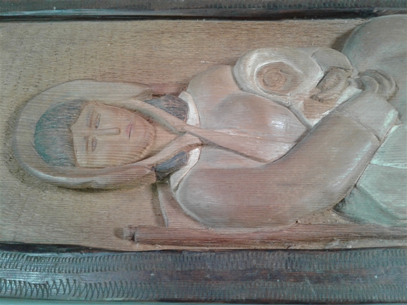 Vintage Pioneer Woman w/Baby Wood Carving & Frames