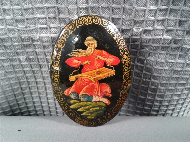 Vintage Russian Handpainted Black Lacquer Pin