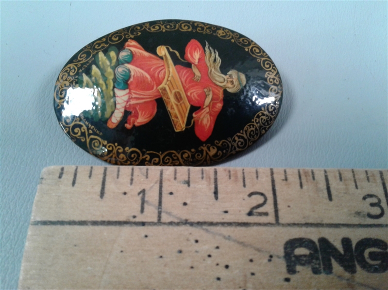 Vintage Russian Handpainted Black Lacquer Pin