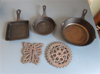 Lodge and Old Mountain Cast Iron Pans + 2 Trivets