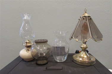 Touch Lamp, Oil Lamp, and Vases
