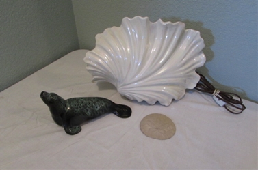 Shell Light, Sand Dollar, and Ceramic Seal Figurine