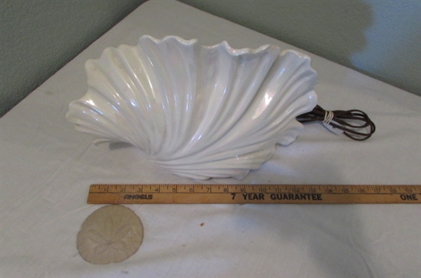 Shell Light, Sand Dollar, and Ceramic Seal Figurine