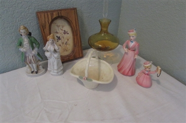Ceramic Figurines, Basket, Framed Dried Flowers and Glass Dish