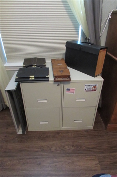 Pair of Filing Cabinets, File Box, and Letter Organizer.
