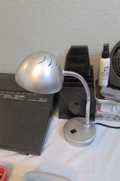 Brother Electronic Typewriter, Desk Fan, Light, and Office Supplies
