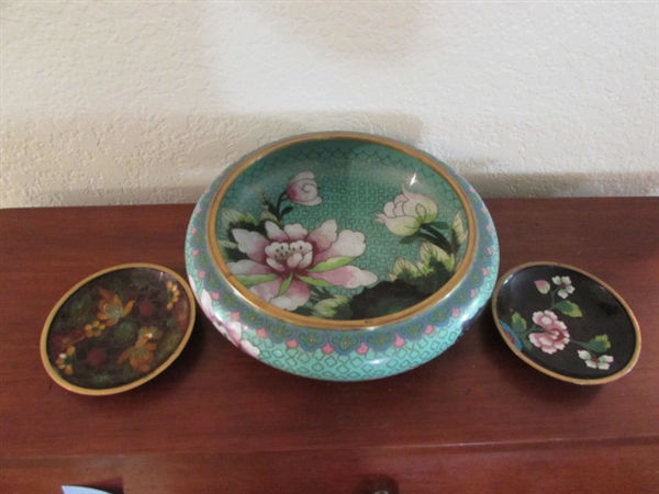 ASIAN CLOISONNE BOWL & 2 SMALL PLATES