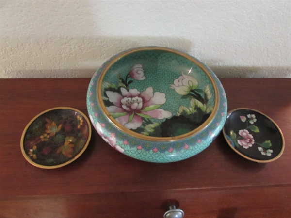 ASIAN CLOISONNE BOWL & 2 SMALL PLATES