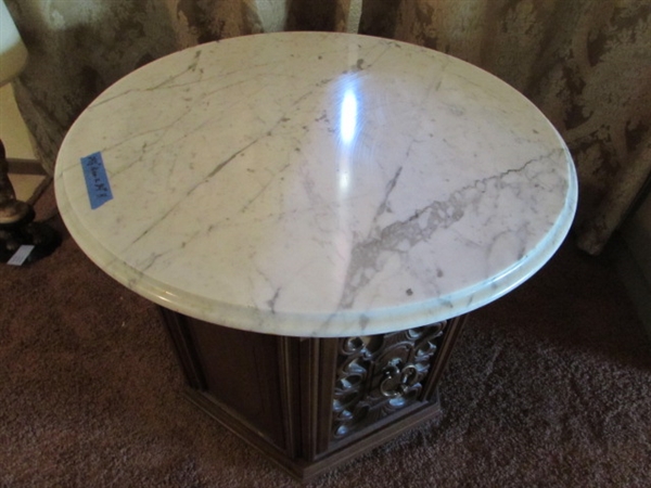 VINTAGE OCTAGON SIDE TABLE WITH MARBLE TOP