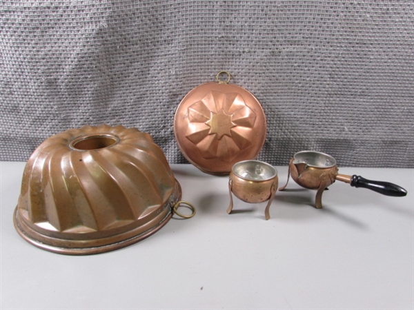 Vintage Copper Creamer and Sugar, and Jello Molds