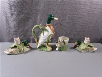Vintage Fitz & Floyd Ducks- Pitcher, Cup, and Candle Holders