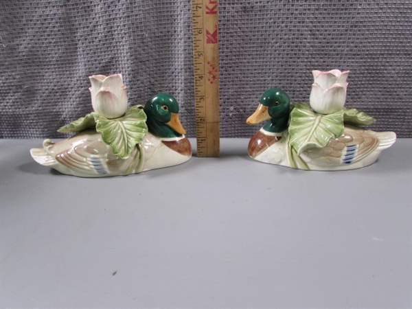 Vintage Fitz & Floyd Ducks- Pitcher, Cup, and Candle Holders