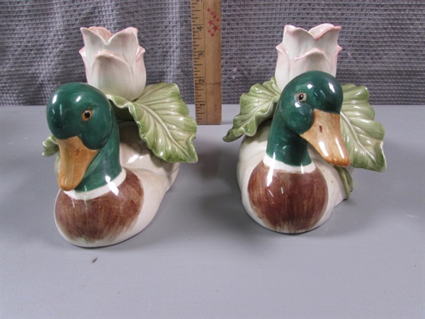 Vintage Fitz & Floyd Ducks- Pitcher, Cup, and Candle Holders