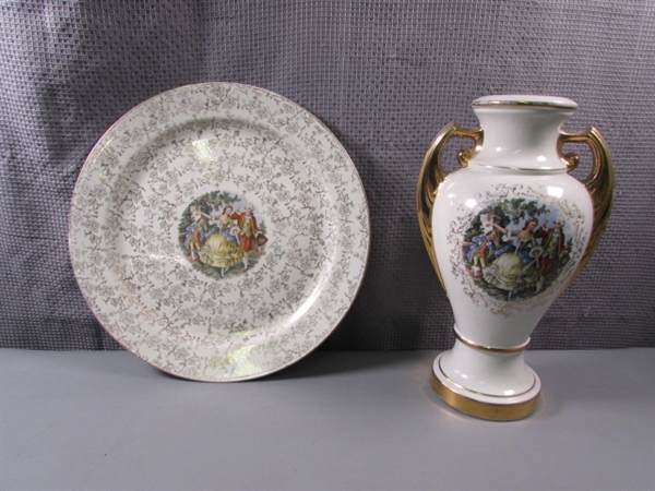 Vintage Le Grand Urn Lamp Base & Matching Eggshell Nautilus Royal China Platter 22/24 Kt Gold Accented