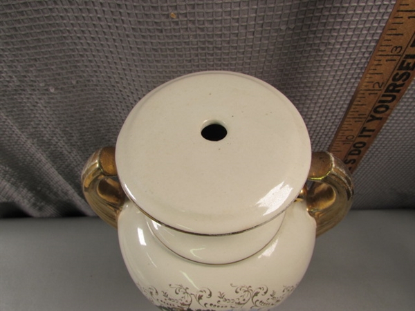 Vintage Le Grand Urn Lamp Base & Matching Eggshell Nautilus Royal China Platter 22/24 Kt Gold Accented