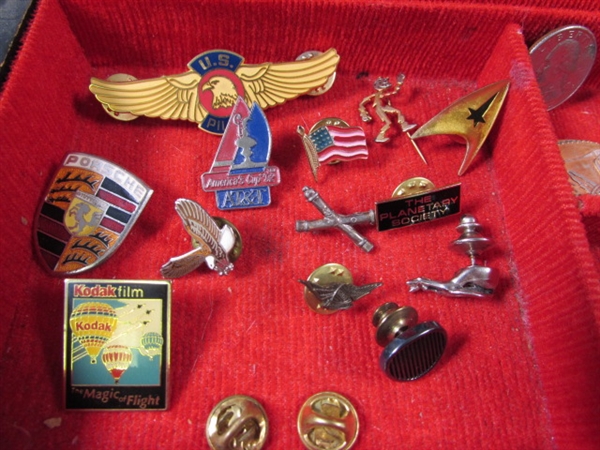 Pins, Cufflinks, and more. Comes in a velvet lined box.