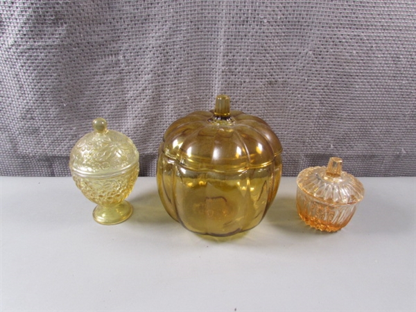 Vintage Amber and Yellow Glass Lidded Dishes