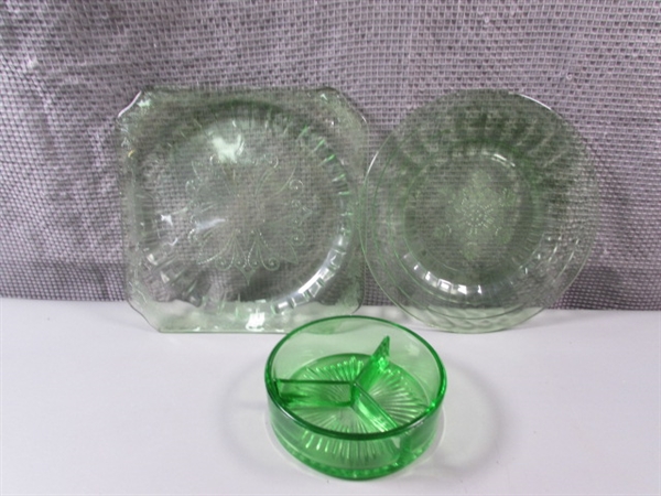 Vintage Green Depression Glass Plates and Divided Bowl