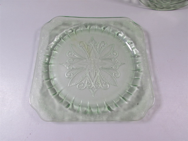 Vintage Green Depression Glass Plates and Divided Bowl