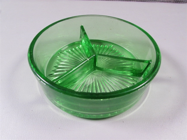 Vintage Green Depression Glass Plates and Divided Bowl