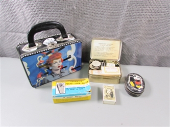 Vintage First Aid Kit, Mickey & I Love Lucy Tins, Mathces, and Pocket Siren