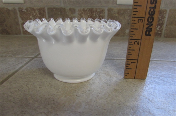 Vintage White Milk Glass with Clear Ruffled Edges