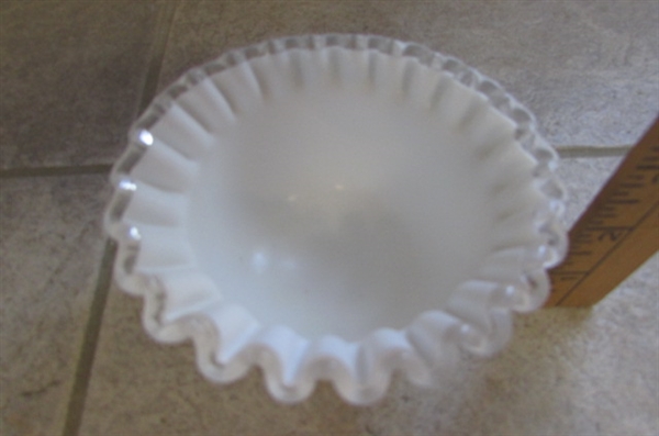 Vintage White Milk Glass with Clear Ruffled Edges