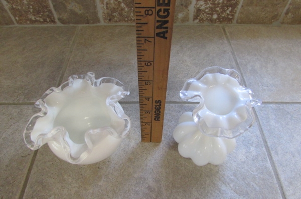 Vintage White Milk Glass with Clear Ruffled Edges