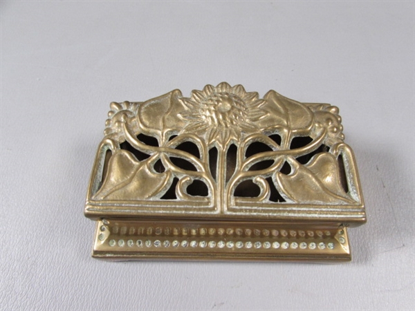 Vintage Brass Stamp Box, Fan, and Statue