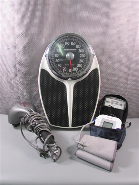 Bathroom Scale, Homedics Massager, and Omiron Blood Pressure Machine