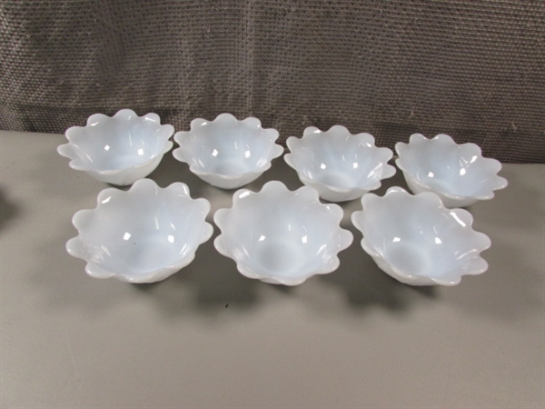 Milk Glass Bowls, Dish With Handle, & Small Trinkets