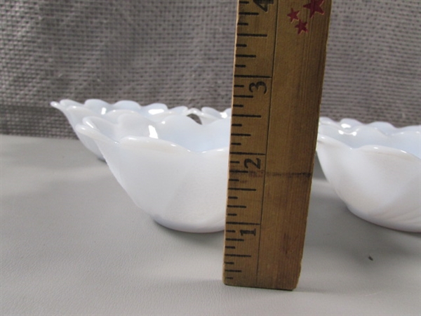 Milk Glass Bowls, Dish With Handle, & Small Trinkets