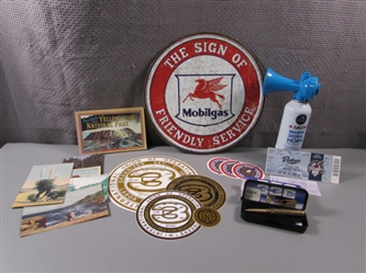 Cartridge Pen, Vintage Post Cards, Stickers, Old Tickets, and Metal Sign.